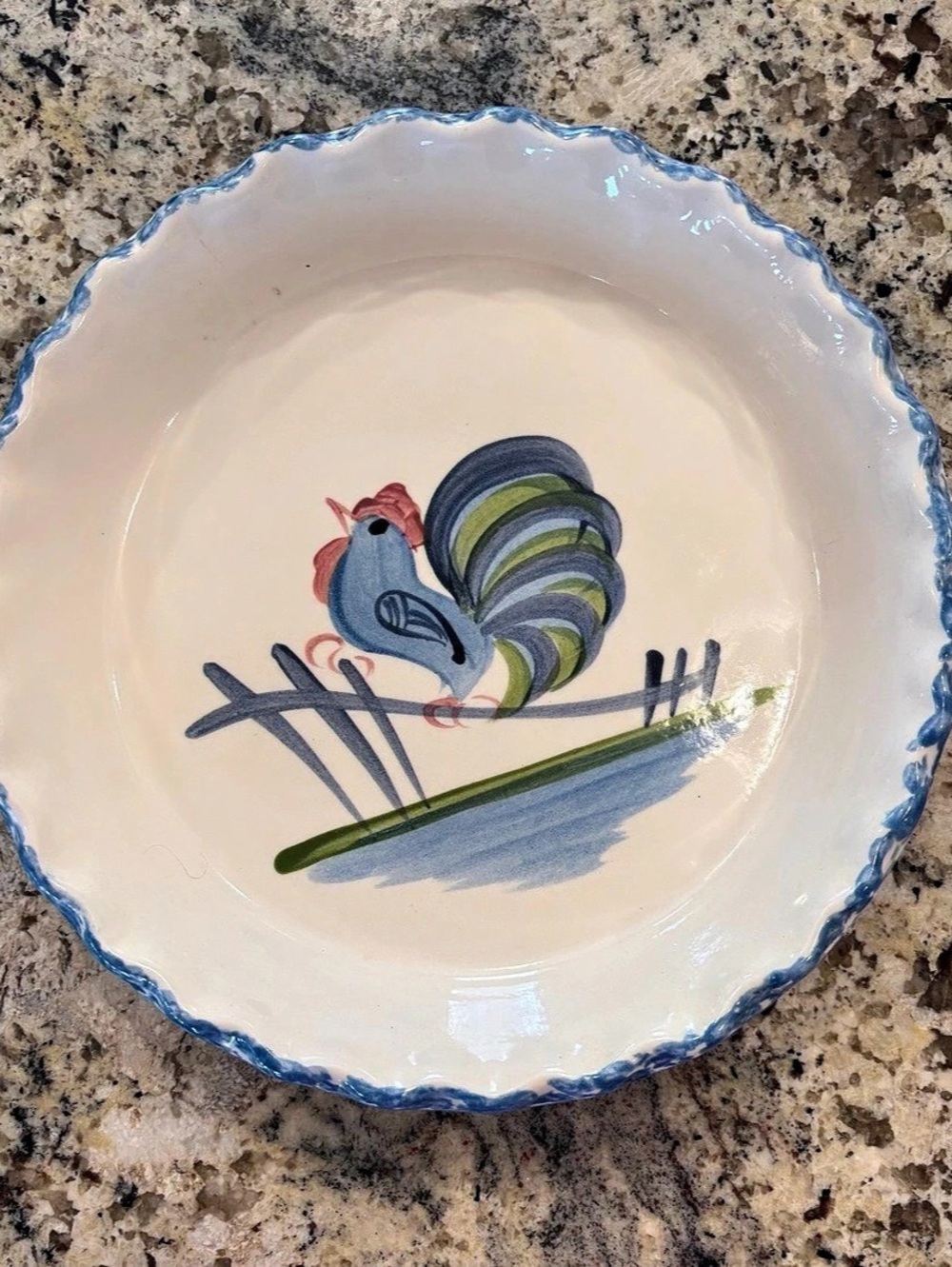 Los Angeles Potteries Rooster Quiche Pie Dish White & Blue